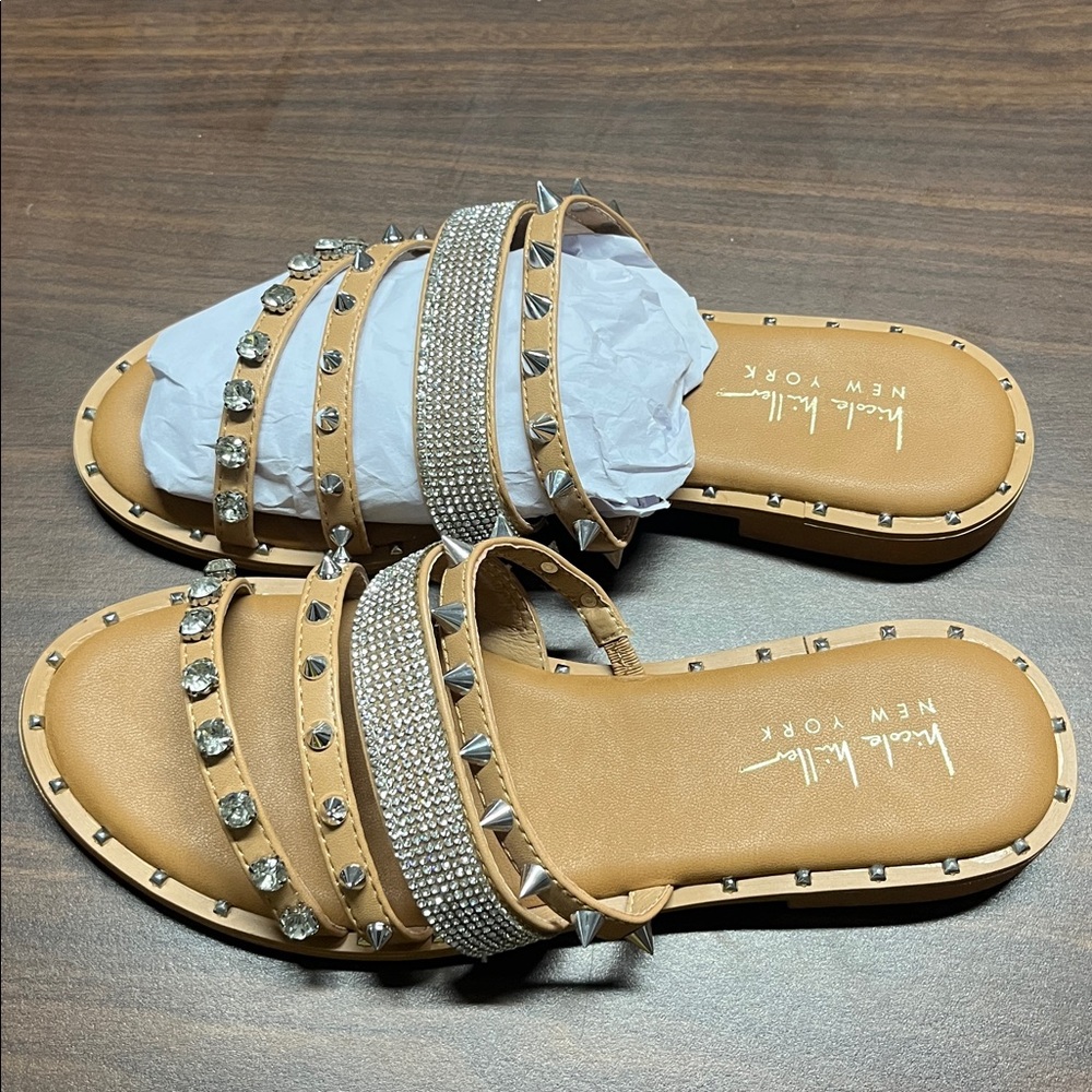 Nicole Miller Beige Studded Sandals with Rhinestones